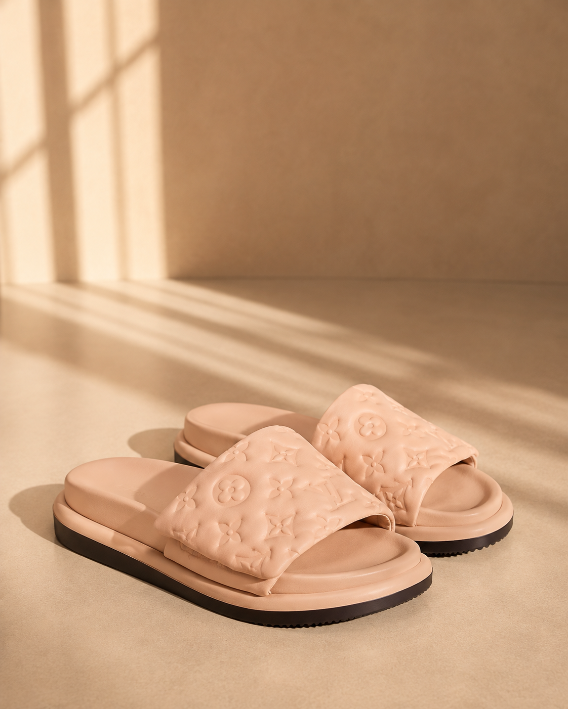 Zia Embossed Strap Flat Sliders in Dark Nude
