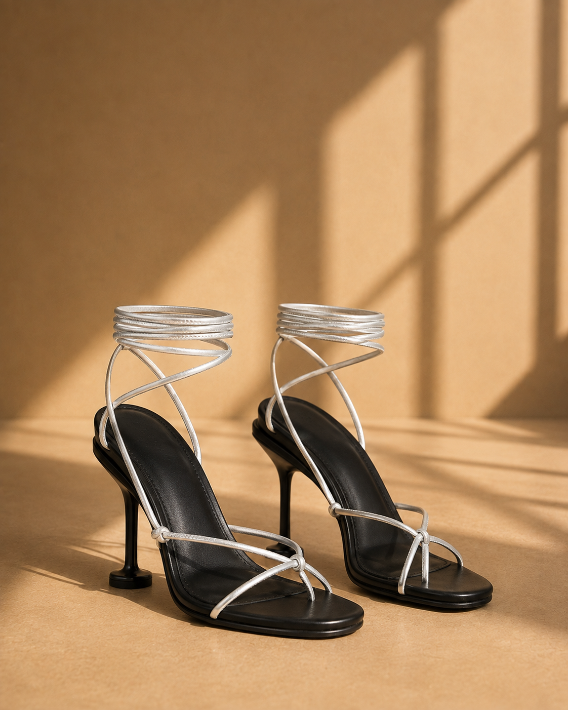 Odette Knot Detail Lace Up Heels in Silver