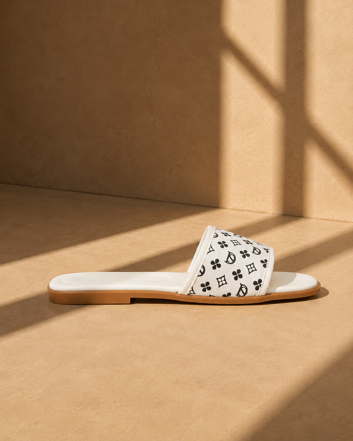 Sunny Printed Strap Flat Sliders in White