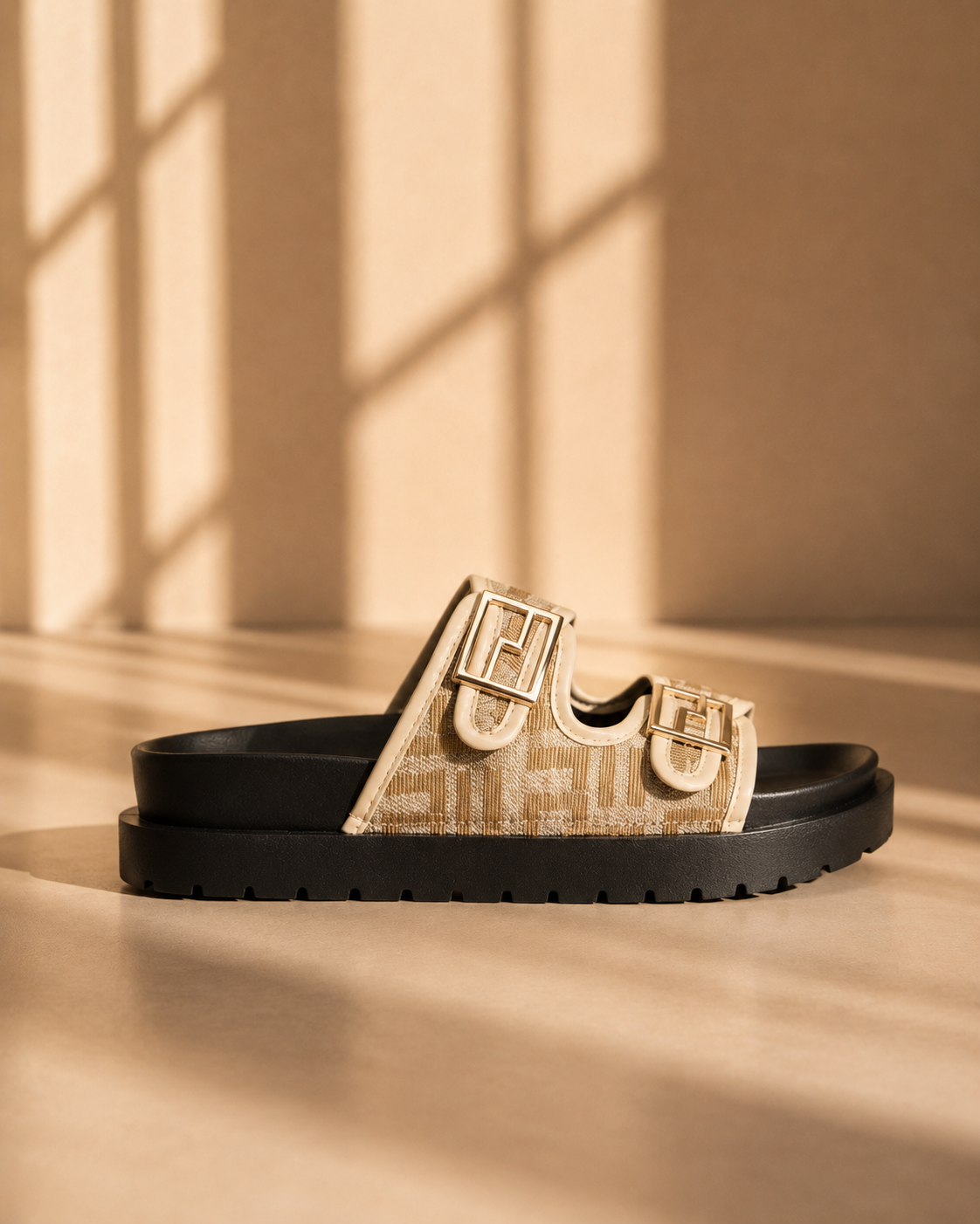Ula Double Buckle Chunky Sliders in Beige