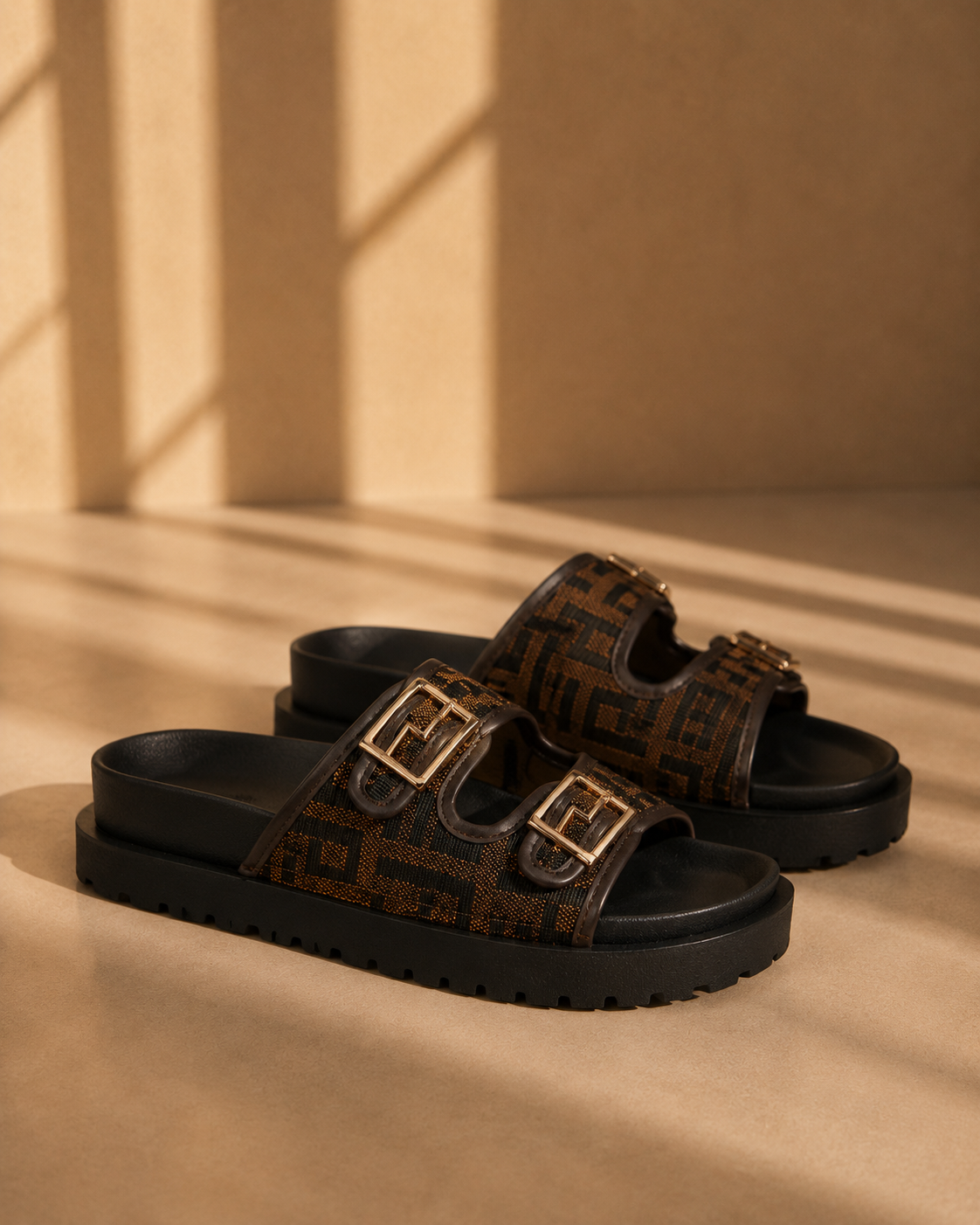 Ula Double Buckle Chunky Sliders in Brown