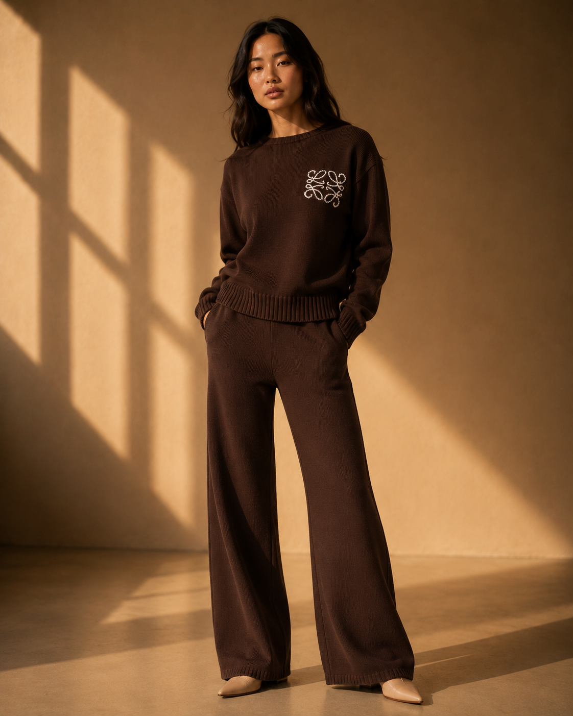 Willa Wide Leg Knit Trousers in Chocolate