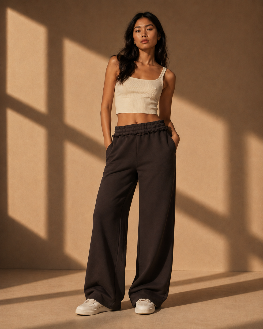Indie Distressed Graphic Wide Leg Joggers in Chocolate