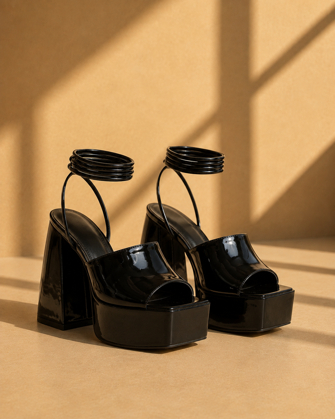 Tess Lace Up Platform Heels in Black Patent