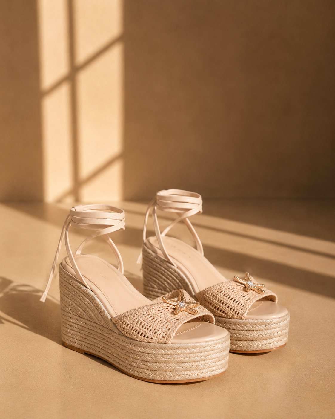 Calla Lace Up Wedge Heels in Nude