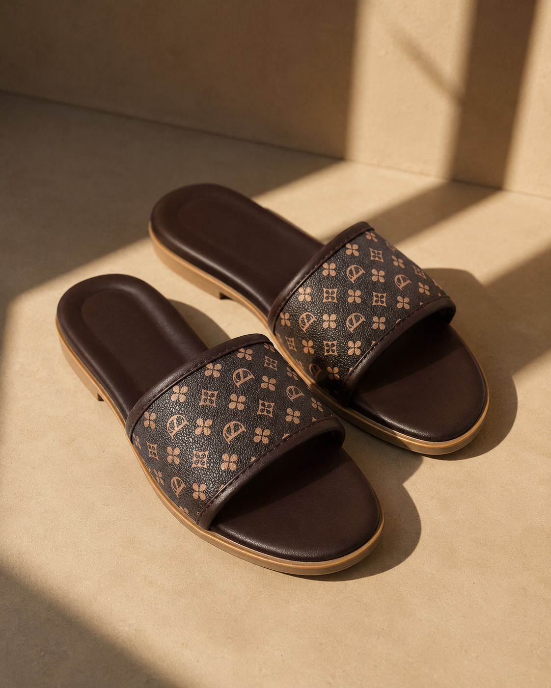 Sunny Printed Strap Flat Sliders in Brown