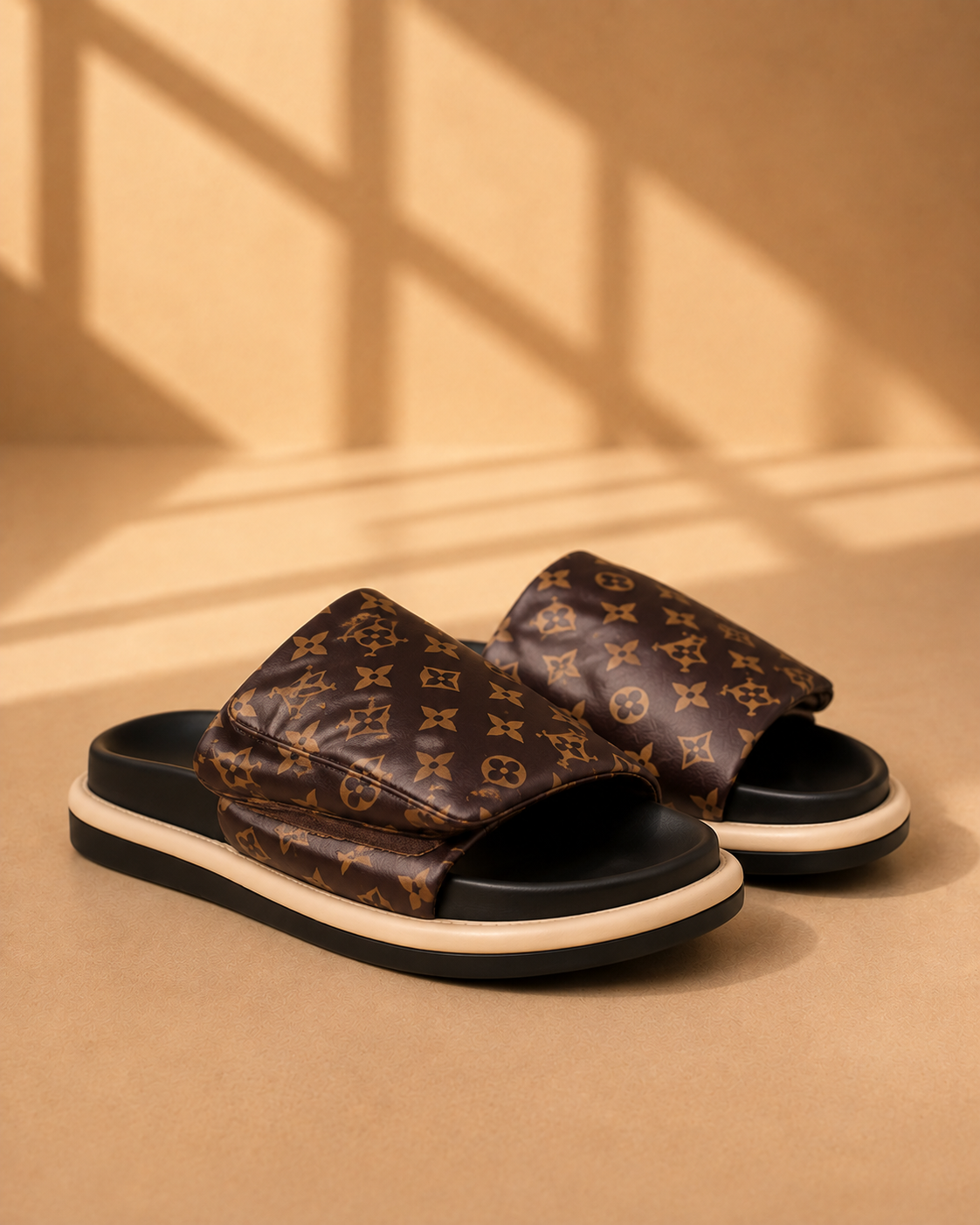 Cloud Padded Flatform Sliders in Brown Print