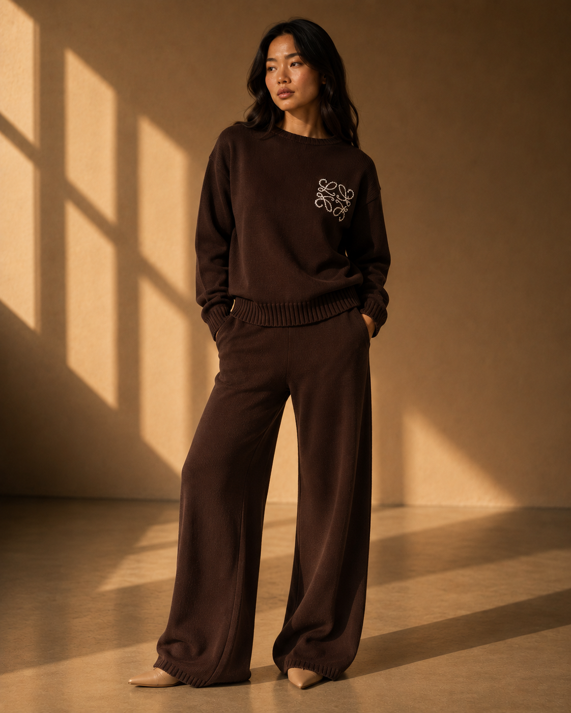 Willa Wide Leg Knit Trousers in Chocolate