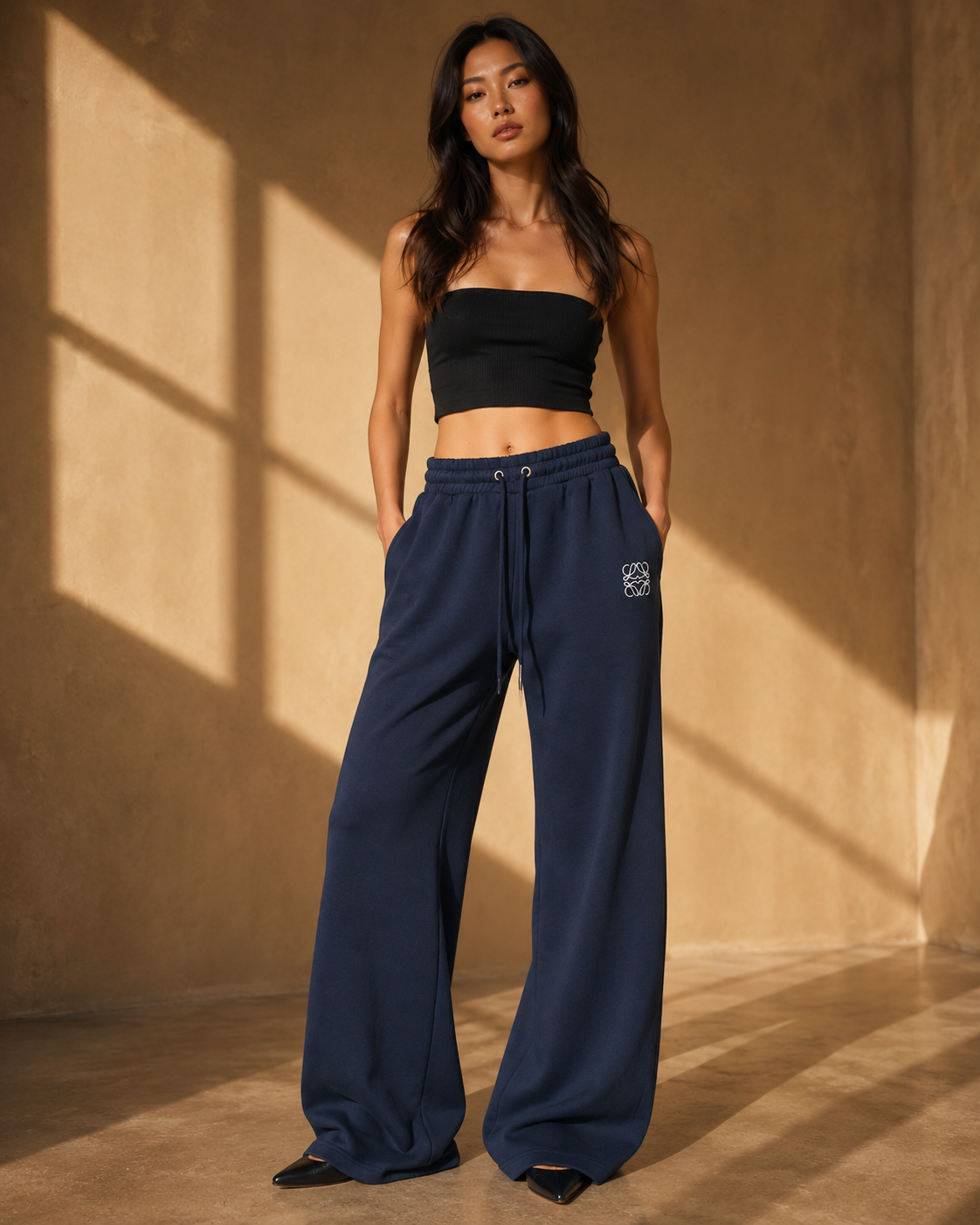 Luna Tie Waist Straight Leg Joggers in Navy