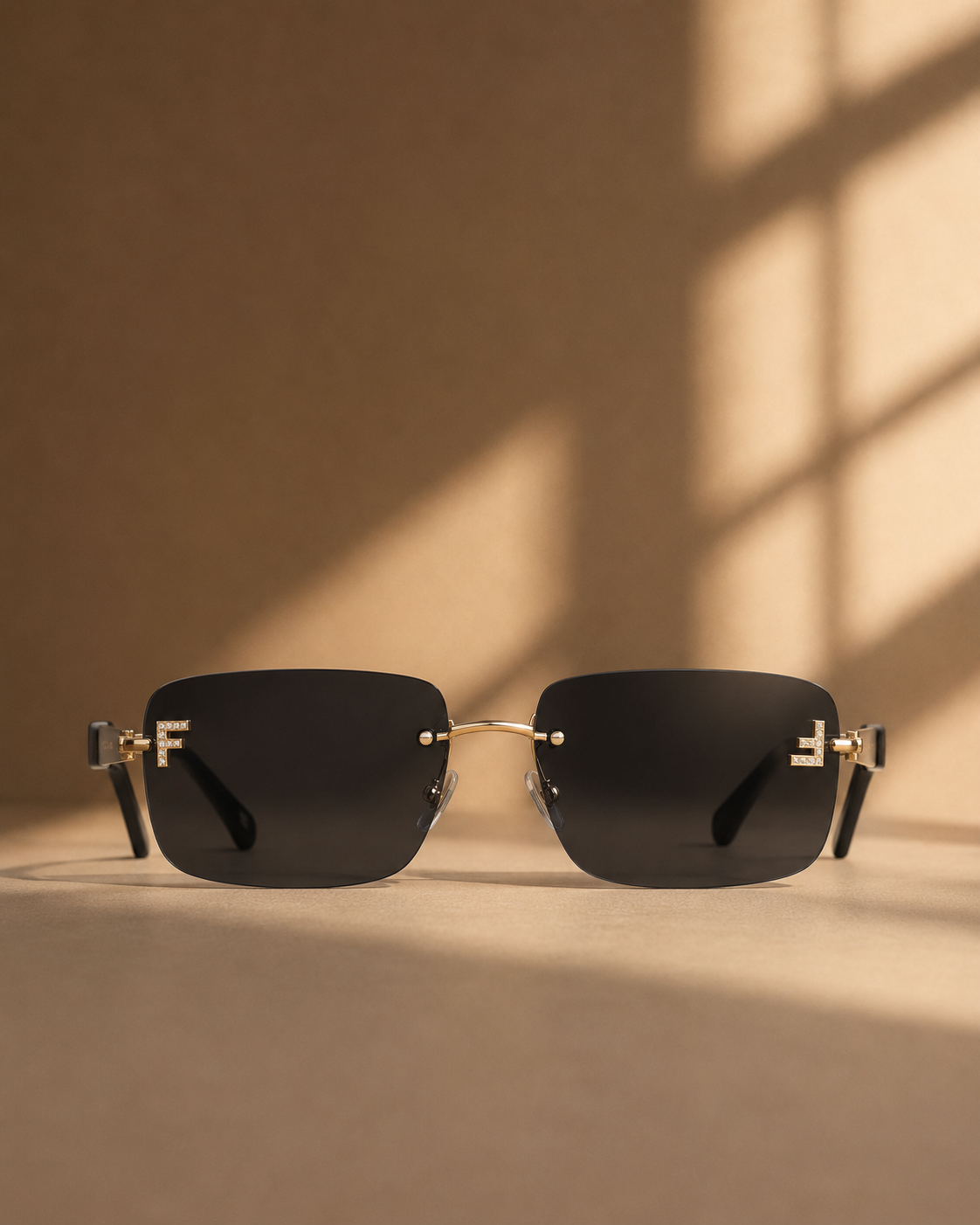 Gia Frameless Diamante Sunglasses in Black and Gold