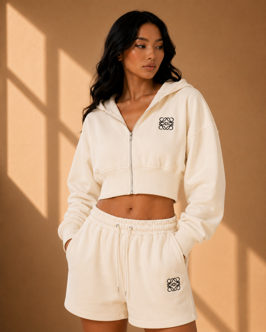 Signature Cropped Zip Hoodie – Stone