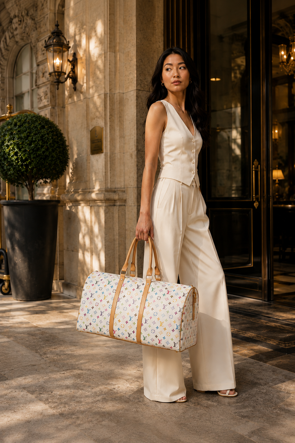 A woman in a cream-colored sleeveless jumpsuit stands on a stone walkway outside a building, holding a large white duffel bag with a colorful floral pattern and tan handles.